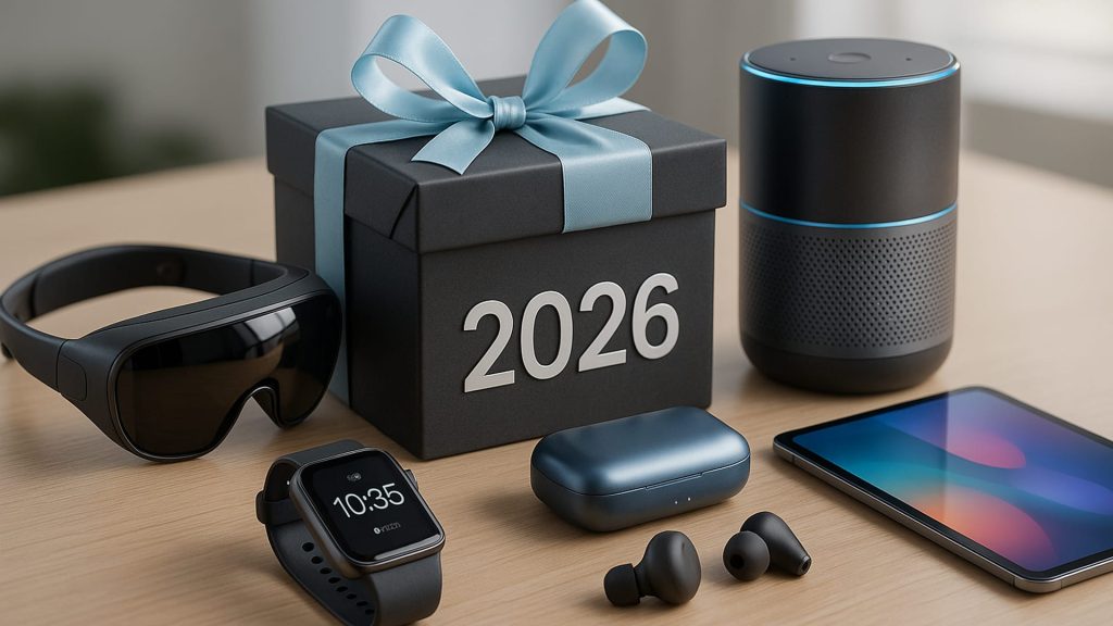 קופסת מתנה שחורה עם סרט כחול ושנת 2026, מוקפת בגאדג'טים טכנולוגיים כולל משקפי חכמה, שעון חכם, אוזניות.